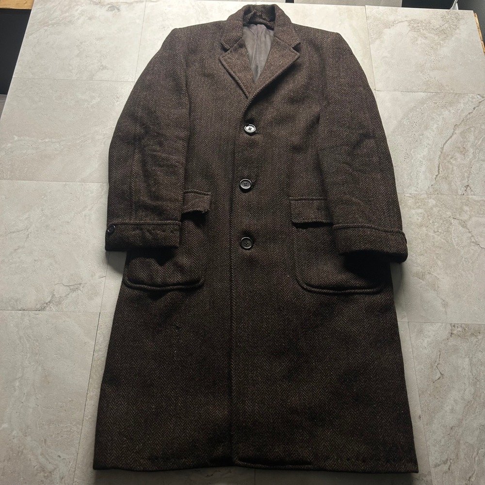 Harris Tweed Overcoat Brown Mens 40 1960s Herringbone Wool Long Coat Kaufmanns